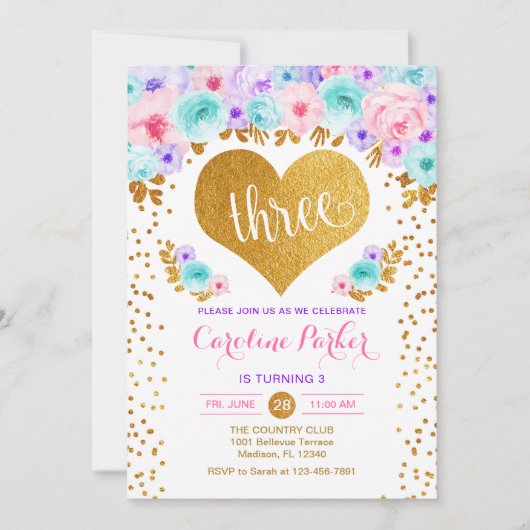 Invitation 3e anniversaire - Gold Heart Turquoise violet rose (Devant)