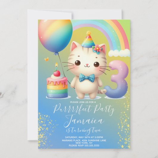 Invitation 3e anniversaire Kitten Rainbow Party (Devant)
