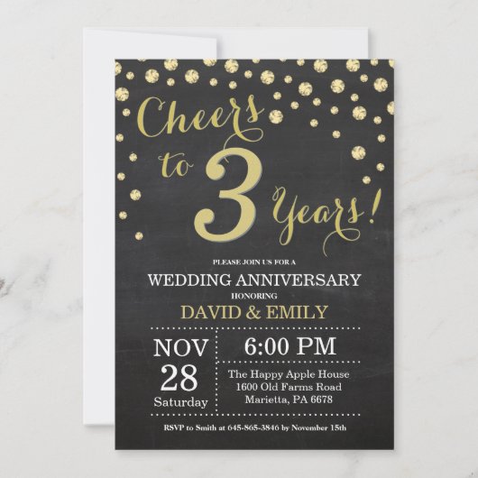 Invitation 3e anniversaire Mariage Chalkboard noir et or (Devant)