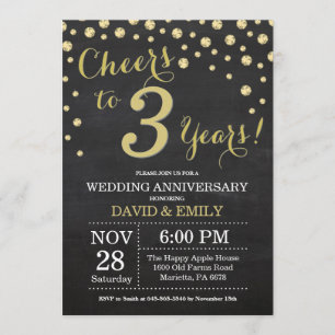 Invitation 3e anniversaire Mariage Chalkboard noir et or