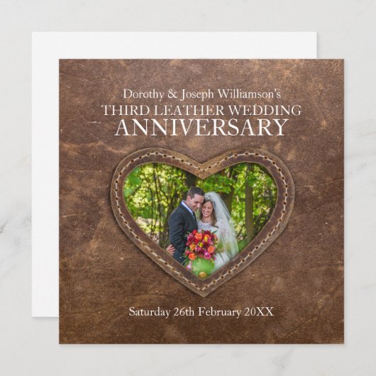 Invitation 3e anniversaire mariage en cuir coeur brun (Devant / Derrière)