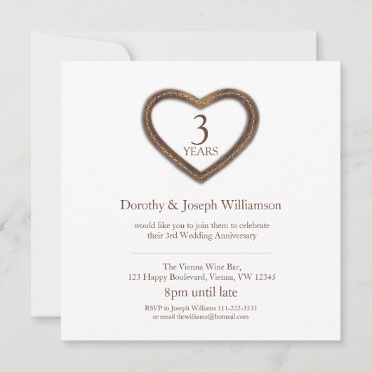 Invitation 3e anniversaire mariage en cuir coeur brun (Dos)