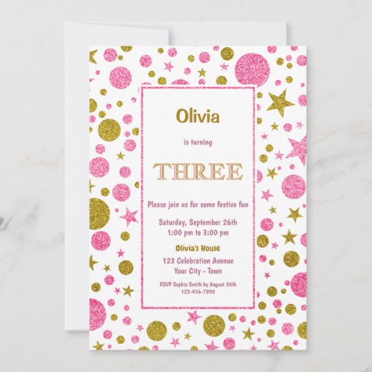 Invitation 3e anniversaire Parties scintillant rose et or (Devant)