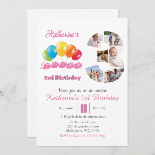 Invitation 3e anniversaire photo collage numéro 3 Fille (Devant / Derrière)