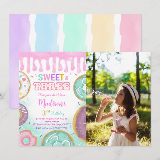 Invitation 3e anniversaire rose photo de la fête des beignes (Devant / Derrière)