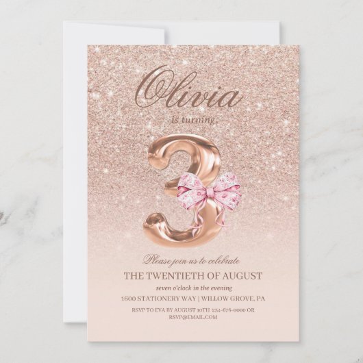 Invitation 3e anniversaire Rose rose or bow fête d'anniversai (Devant)