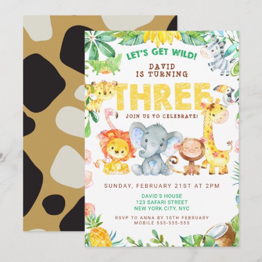 Invitation 3e anniversaire Safari Animaux Jungle Thème Zoo Tr (Devant / Derrière)