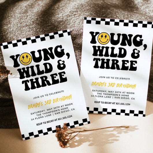 Invitation 3e anniversaire Smiley Face Bolt, Young, Wild & Th