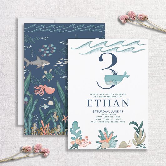 Invitation 3e anniversaire sous la mer Watercolor Whale