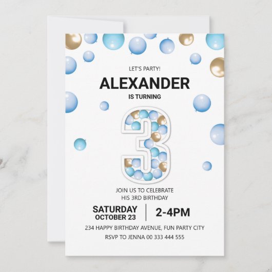 Invitation 3e fête d'anniversaire, Blue and Gold Balloon Boy (Devant)