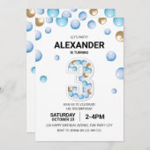 Invitation 3e fête d'anniversaire, Blue and Gold Balloon Boy (Devant / Derrière)