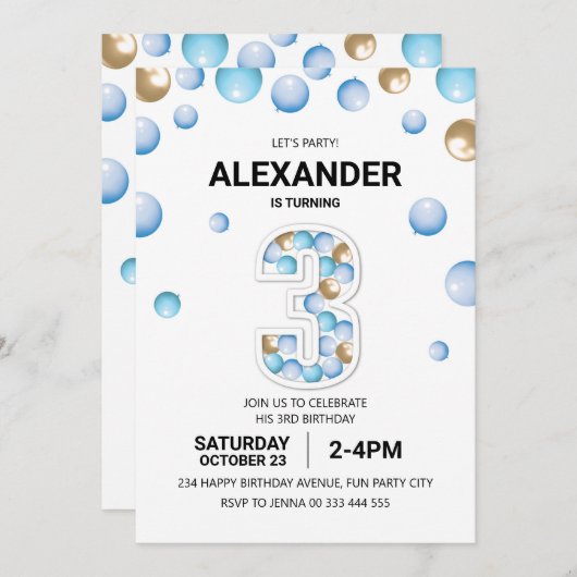 Invitation 3e fête d'anniversaire, Blue and Gold Balloon Boy (Devant / Derrière)