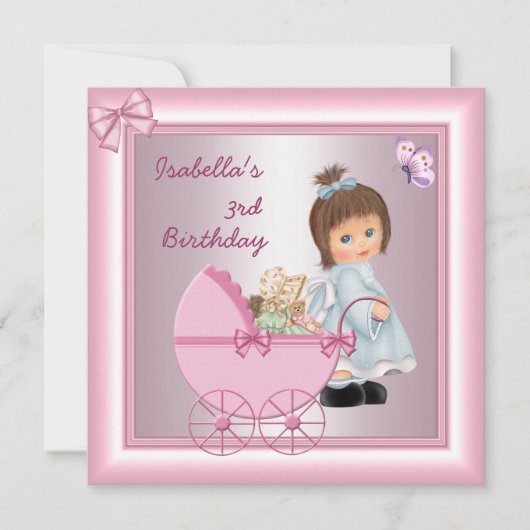 Invitation 3e fête d'anniversaire Jolie fille rose (Devant)