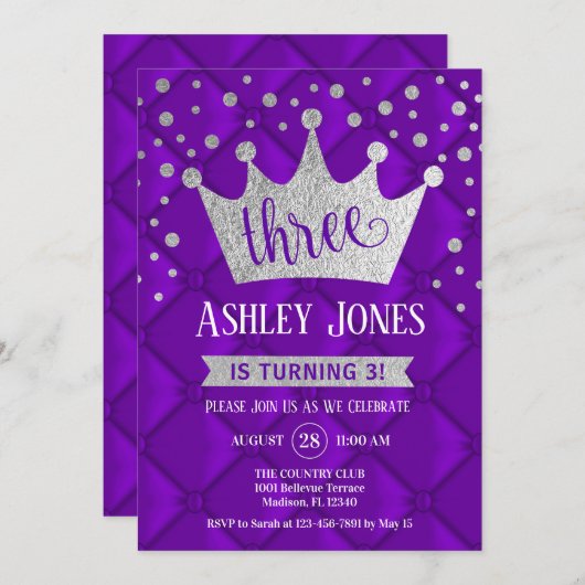 Invitation 3e fête d'anniversaire - Royal Purple Silver (Devant / Derrière)