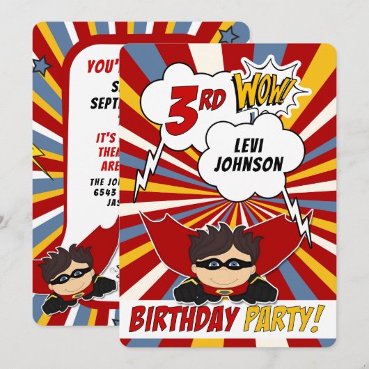 Invitation 3e fête d'anniversaire Superhero Red Comic pour ga (Devant / Derrière)