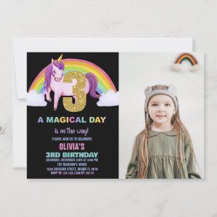 Invitation 3e Rainbow Unicorn photo d'anniversaire