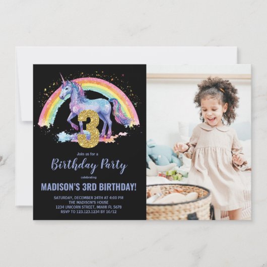 Invitation 3e Rainbow Unicorn photo d'anniversaire (Devant)