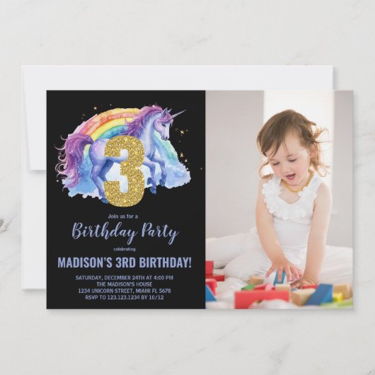 Invitation 3e Rainbow Unicorn photo d'anniversaire (Devant)