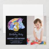 Invitation 3e Rainbow Unicorn photo d'anniversaire (Devant / Derrière)