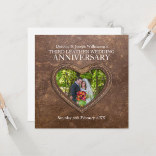 Invitation 3ème anniversaire de mariage en cuir cœur marron