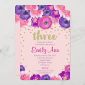 Invitation 3ème fille d'invitation d'anniversaire, or pourpre (Devant / Derrière)