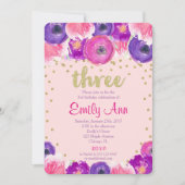 Invitation 3ème fille d'invitation d'anniversaire, or pourpre (Devant)