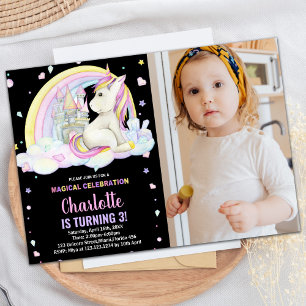 Invitation 3ème Floral Black Photo Unicorn Anniversaire Invit