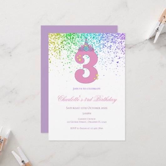 Invitation 3rd birthday in pink and lilac birthday party (Devant/Arrière en situation)