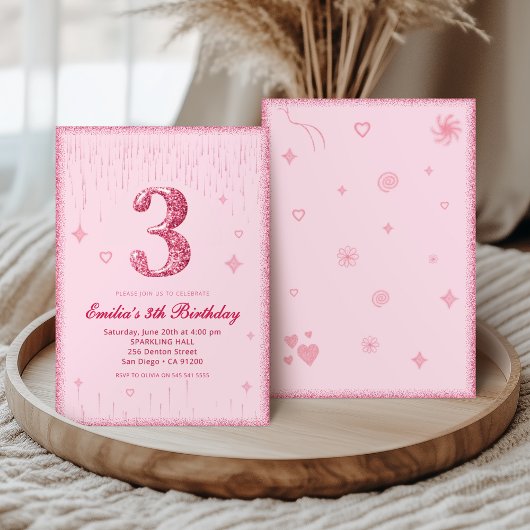Invitation 3rd Pink Glitter Birthday | Sparkle Glitter 