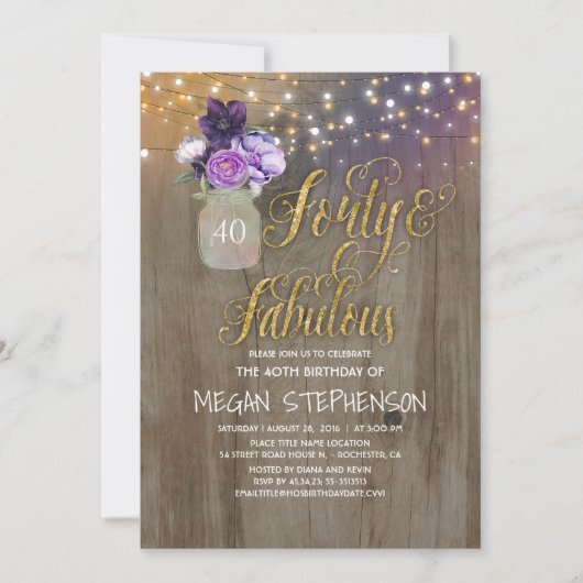 Invitation 40 Anniversaire Rustique - Fleurs violettes Mason  (Devant)
