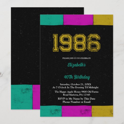 Invitation 40 ans 1986 Bloc de Couleurs Rétro (Devant / Derrière)