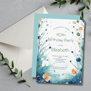 Invitation 40 ans aquarelle florale bleu vert oran