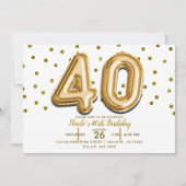 Invitation 40 Ballons Dorés et Confettis Fête d'anniversaire (Devant)