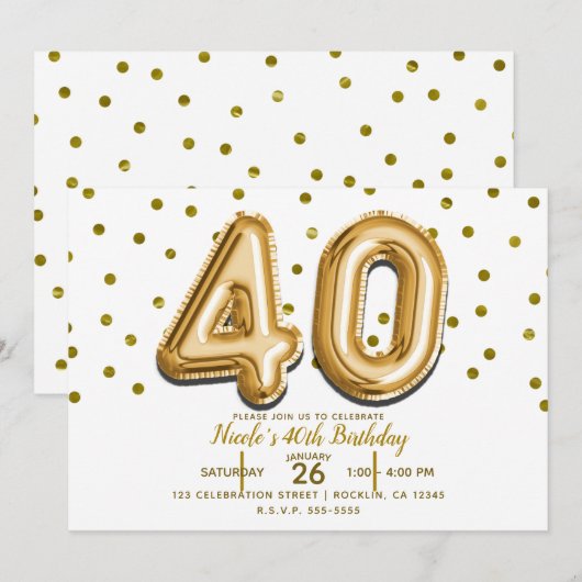 Invitation 40 Ballons Dorés et Confettis Fête d'anniversaire (Devant / Derrière)