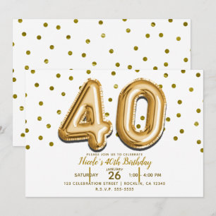 Invitation 40 Ballons Dorés et Confettis Fête d'anniversaire