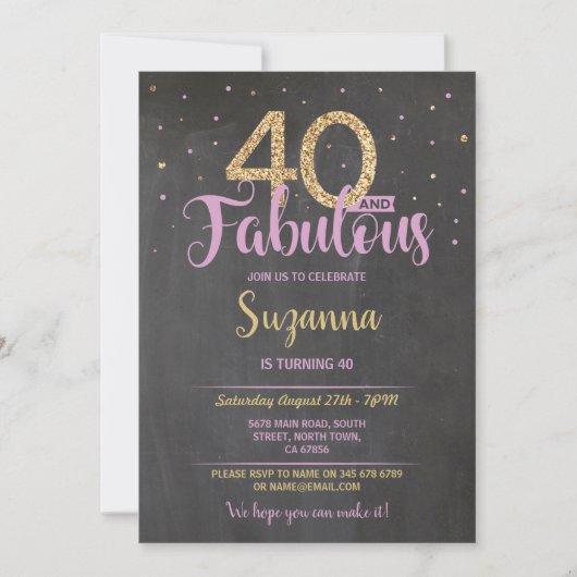Invitation 40 et fabuleuse fête d'anniversaire 40e Pink Gold (Devant)