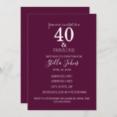 Invitation 40 Et Fabuleuse fête d'anniversaire rose violet bl (Devant / Derrière)
