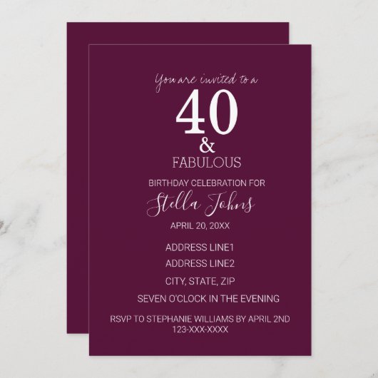 Invitation 40 Et Fabuleuse fête d'anniversaire rose violet bl (Devant / Derrière)