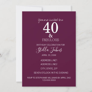 Invitation 40 Et Fabuleuse fête d'anniversaire rose violet bl