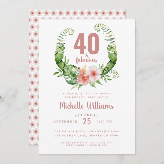 Invitation 40 et fabuleux blush rose 40e anniversaire (Devant / Derrière)