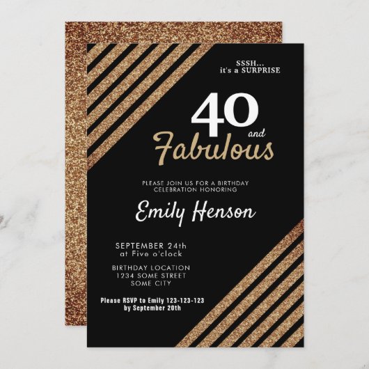 Invitation 40 et fabuleux Elegant Gold Parties scintillant 40 (Devant / Derrière)