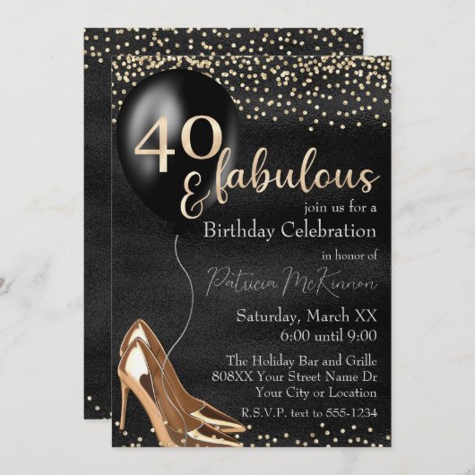 Invitation 40 et fabuleux talons d'or haut sur noir (Devant / Derrière)