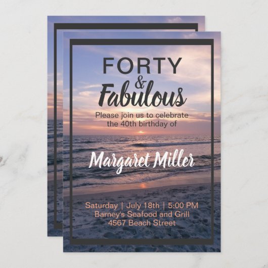 Invitation 40 et Fabulous Beach Sunset Anniversaire Invitatio (Devant / Derrière)