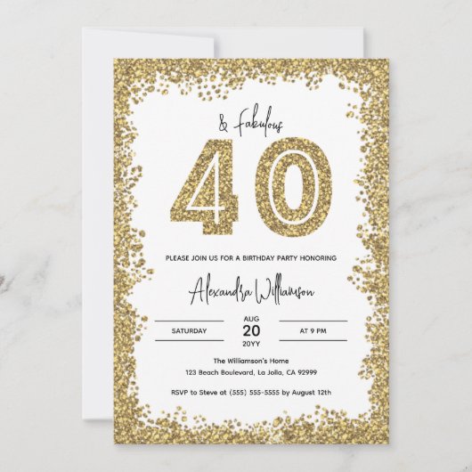 Invitation 40 et Fabulous Gold Parties scintillant 40e fête d (Devant)