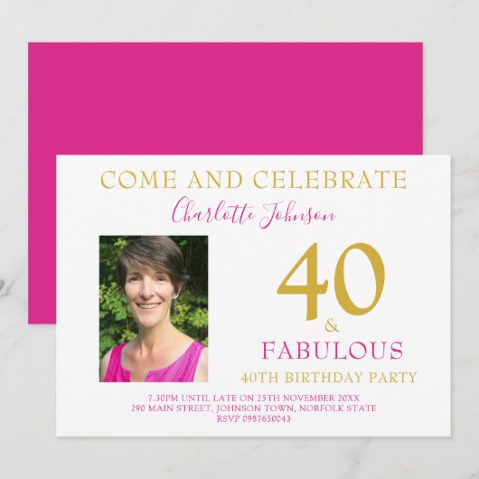 Invitation 40 et Fabulous Photo moderne rose 40e anniversaire (Devant / Derrière)