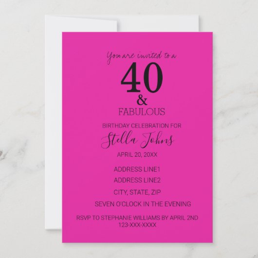 Invitation 40 Fabuleux Anniversaire Hot rose Black âge (Devant)
