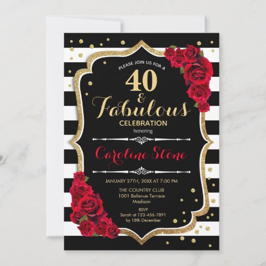 Invitation 40 Fabuleux anniversaire - Rose noir blanc rayures (Devant)
