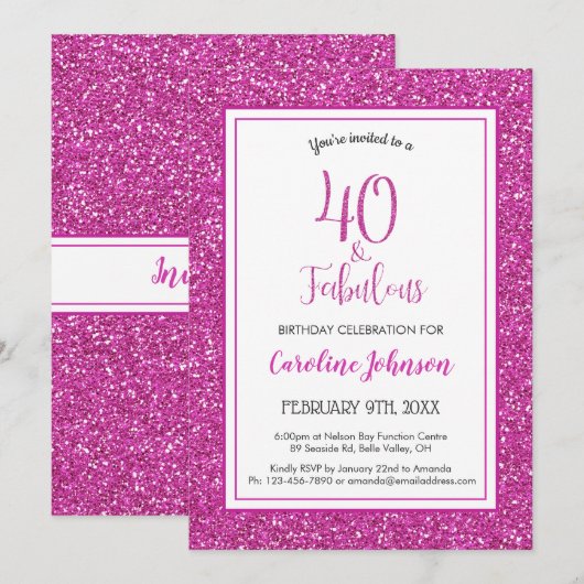 Invitation 40 & Fabuleux anniversaire Sparkly Pink Parties sc (Devant / Derrière)