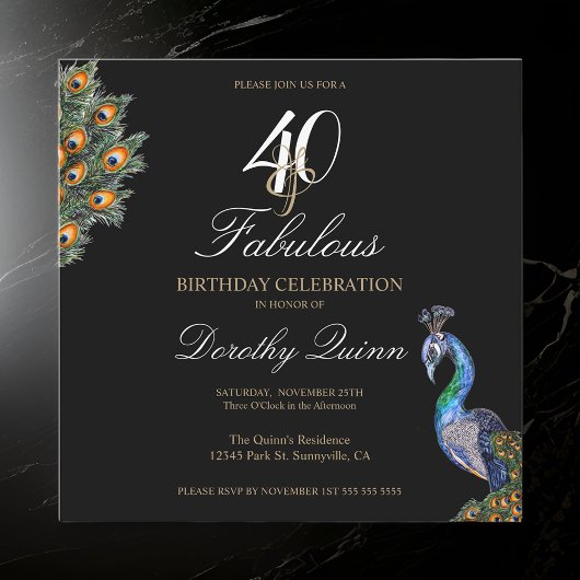 Invitation 40 & Fabuleux Elegant Aquarelle Peacock Anniversai
