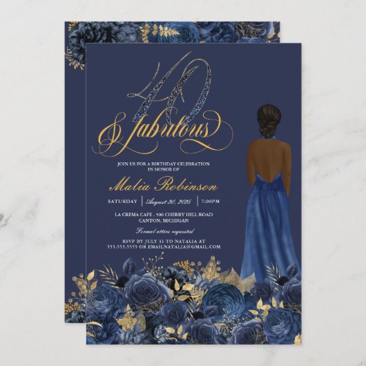 Invitation 40 & Fabuleux Elegant Sapphire Formal Birthday Inv (Devant / Derrière)
